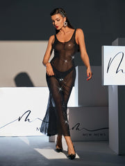 Backless Embellished Mesh Maxi Dress In Black