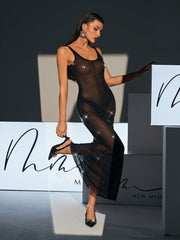 Backless Embellished Mesh Maxi Dress In Black