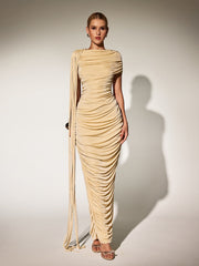 Robe longue drapée beige