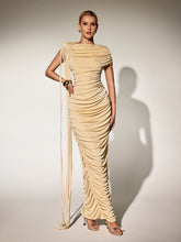 Robe longue drapée beige