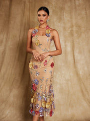 Halterneck Flower Embroidered Midi Dress