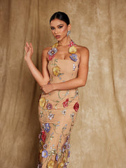 Halterneck Flower Embroidered Midi Dress