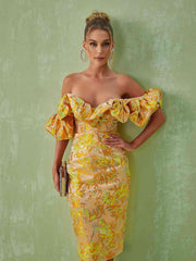 Robe midi jacquard à épaules dénudées