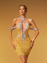 Robe mini dos nu en maille cristal couleur chartreuse