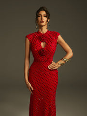 Sleeveless Flower Rhinestone Midi Dress