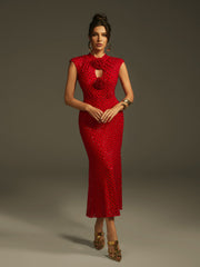 Sleeveless Flower Rhinestone Midi Dress