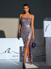 Robe maxi fendue à sequins sans bretelles