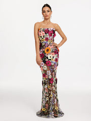 Strapless Flower Embroidered Maxi Dress