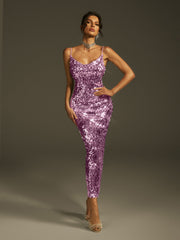 Spaghetti Sequin Midi Dress In Purple