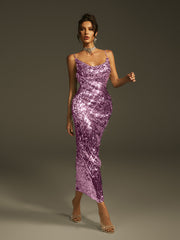 Spaghetti Sequin Midi Dress In Purple
