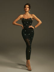 Robe midi bustier en résille strass avec gants