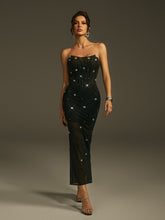 Robe midi bustier en résille strass avec gants