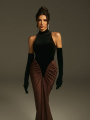 Robe longue en velours dos nu avec gants