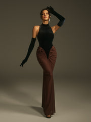 Robe longue en velours dos nu avec gants