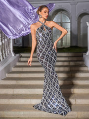 Robe longue dos nu à sequins et cristaux noirs