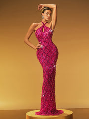 Robe longue dos nu à sequins et cristaux rose fuchsia