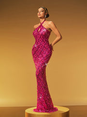 Robe longue dos nu à sequins et cristaux rose fuchsia