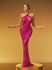 Robe longue dos nu à sequins et cristaux rose fuchsia