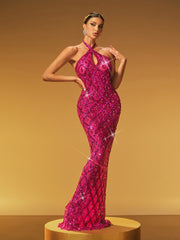 Robe longue dos nu à sequins et cristaux rose fuchsia