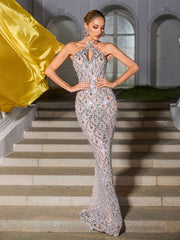 Backless Sequin Crystal Maxi Dress In Nude