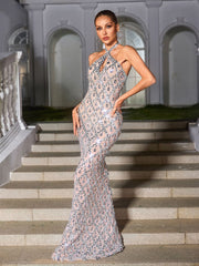 Backless Sequin Crystal Maxi Dress In Nude