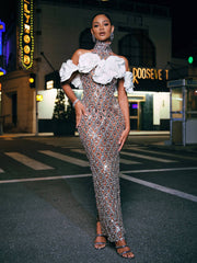 Robe longue à sequins et cristaux fleuris