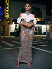 Robe longue à sequins et cristaux fleuris
