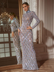 Long Sleeve Sequin Crystal Maxi Dress In Silver