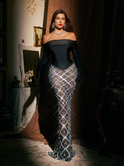 Robe maxi en résille ornée à épaules dénudées