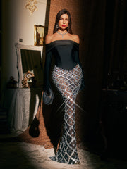 Robe maxi en résille ornée à épaules dénudées