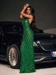 Robe longue à sequins et cristaux verts