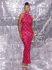 Robe longue à sequins et cristaux rose fuchsia