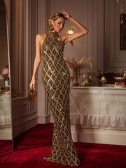 Sequin Crystal Maxi Dress In Gold
