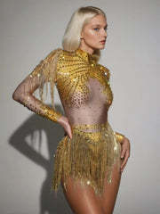 Body à franges en strass doré