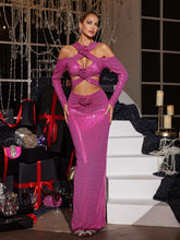 Robe longue à sequins et découpes florales rose fuchsia