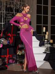 Flower Cutout Sequin Maxi Dress In Hot Pink