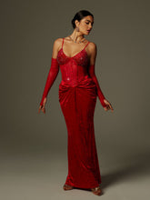 Robe longue en velours froncé à strass et spaghetti