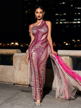 Robe en tulle à sequins drapée et découpée rose fuchsia