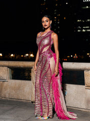 Robe en tulle à sequins drapée et découpée rose fuchsia