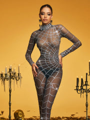 Combinaison à col montant et strass à motif toile d'araignée