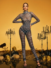 Combinaison à col montant et strass à motif toile d'araignée