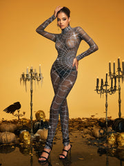 Combinaison à col montant et strass à motif toile d'araignée