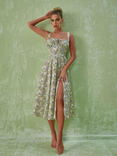 Robe midi fendue à fleurs verte