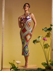 Robe en maille ajourée imprimée spaghetti