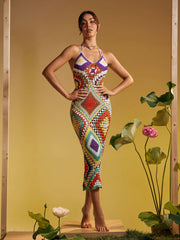 Robe en maille ajourée imprimée spaghetti