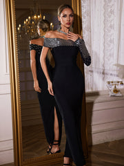 One Shoulder Rhinestone Bandage Maxi Dress