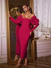 Off Shoulder Flower Bandage Midi Dress In Hot Pink