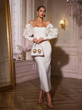 Off Shoulder Flower Bandage Midi Dress In White