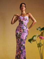Strapless Sequin Embroidered Maxi Dress In Purple
