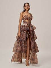 Ensemble jupe et jupe à imprimé floral marron